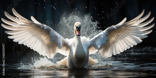 a image Shining white feathered swan sitting on a green lake, AI Generative photo