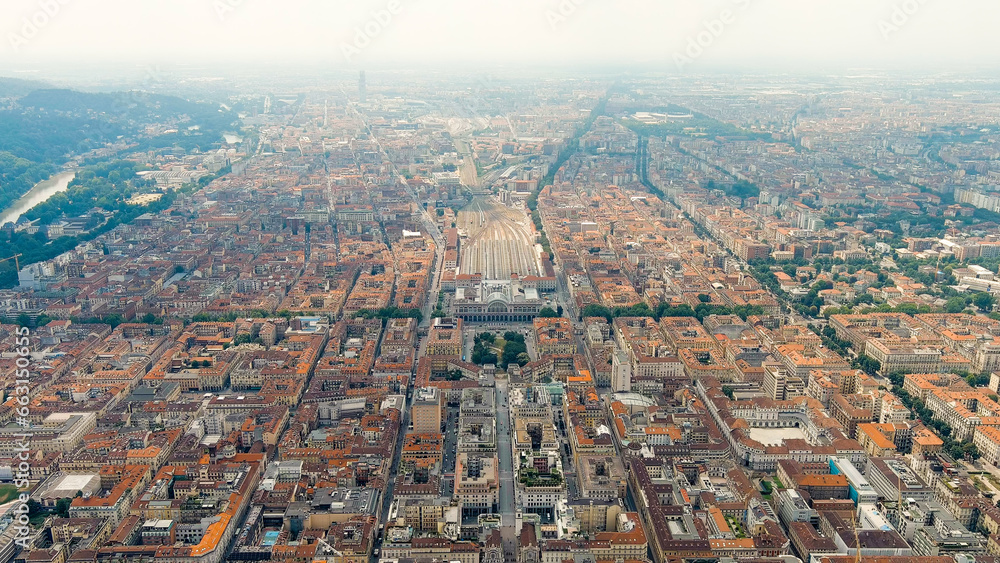 Turin, Italy. Turin railway station. Panorama of the historical city center. Summer day, Aerial View