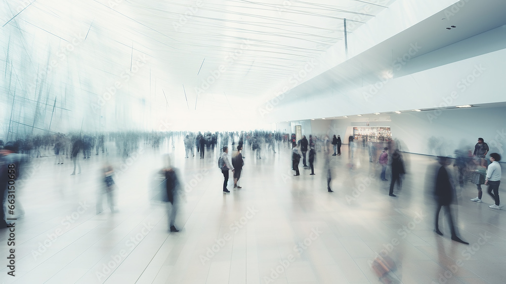 aerial view, a group of people in a large lobby, blurred background public space abstract airport or station aerial view, a group of people in a large lobby, blurred background public space abstract airport or station