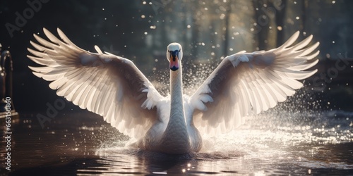 a image Shining white feathered swan sitting on a green lake, AI Generative