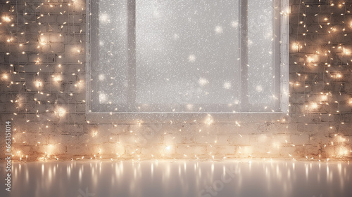 window in Christmas decoration with small glowing lights garlands, new year background