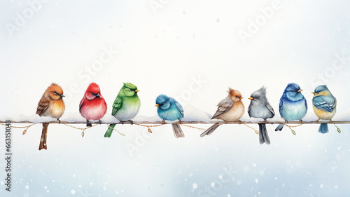 winter postcard, a row of colorful little birds in a snowfall on a branch, snow weather nature