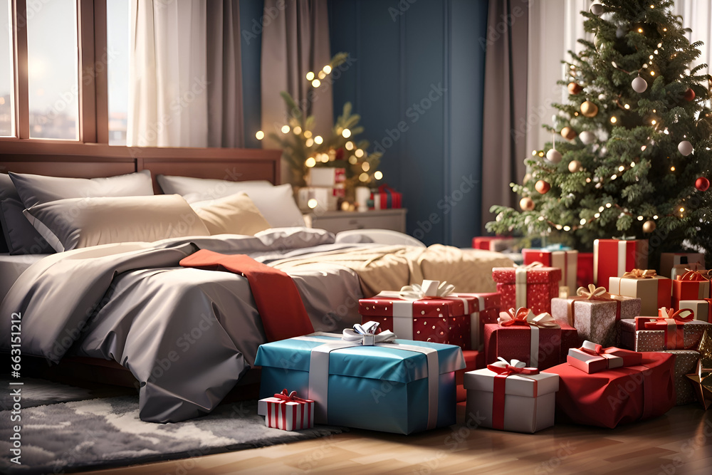 Christmas tree and gifts in the living room.