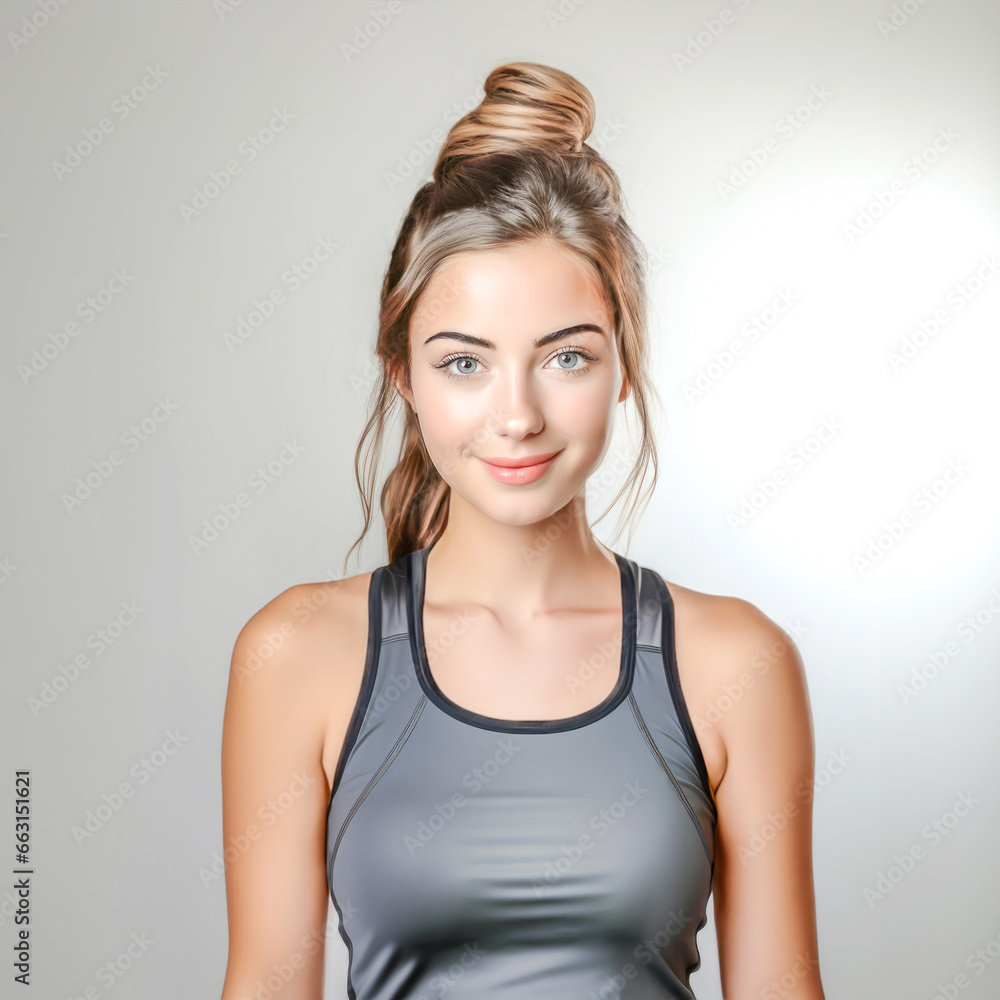 Smiling fitness woman wearing tank tops in studio. Posing at the camera Smiling fitness woman wearing tank tops in studio. Posing at the camera