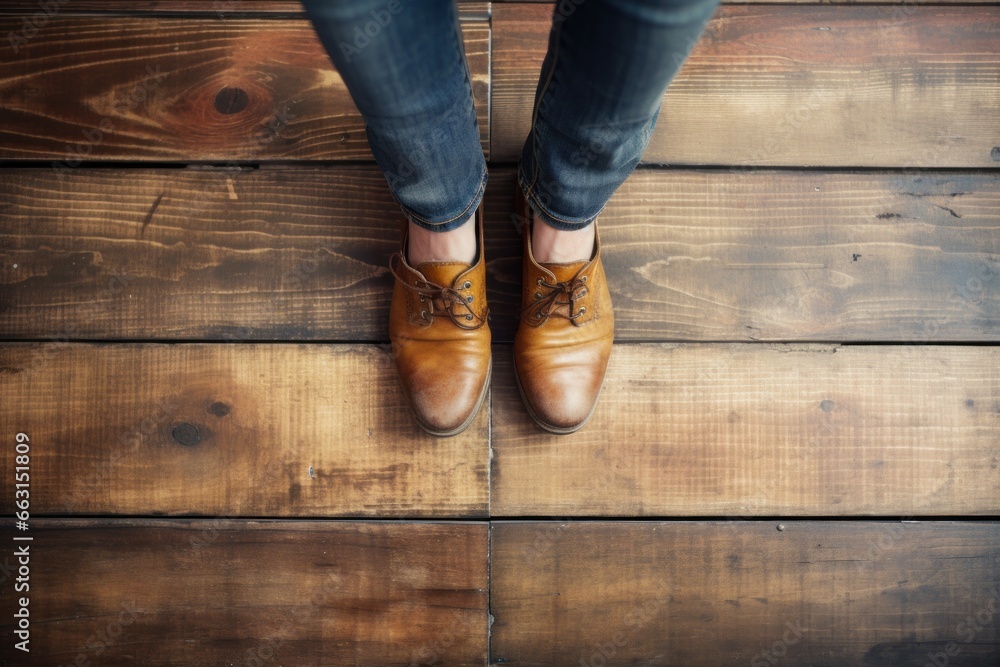 Beautiful woman legs on house wood floor. Girl sexy vintage jeans style. Generate Ai - obrazy, fototapety, plakaty 
