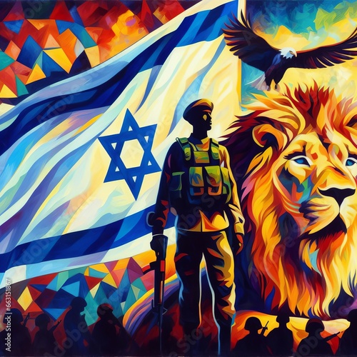 Generative AI image of Israeli soldiers an a lion over a flag of Israel as a background