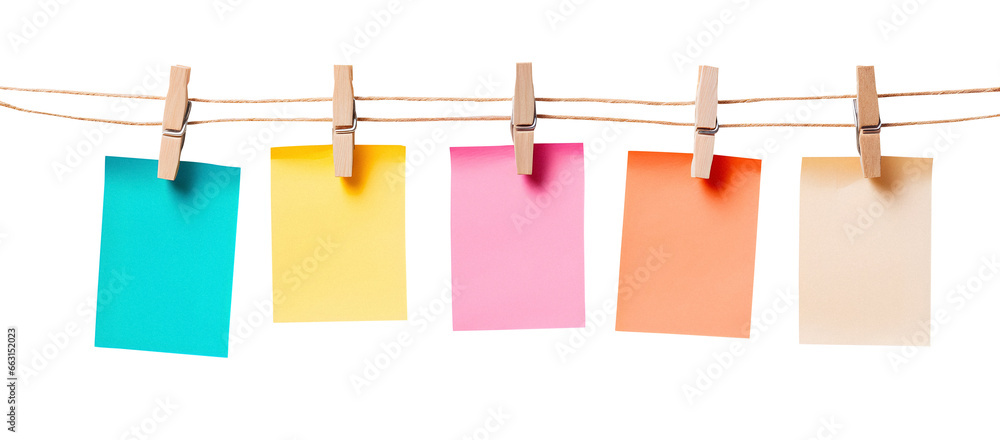 colorful paper blank notes hanging on the rope with wooden clothespins isolated colorful paper blank notes hanging on the rope with wooden clothespins isolated