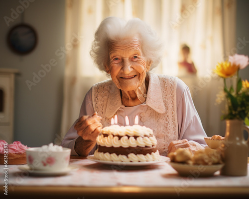 Cheerful laughing old woman sitting in front of a cake with lit candles
