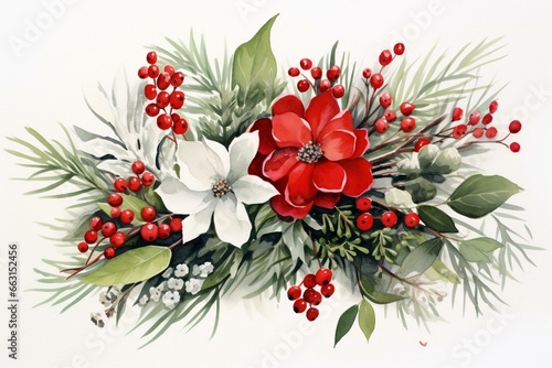 Watercolor holiday bouquet featuring holly leaves, red berries, and spruce. Generative AI