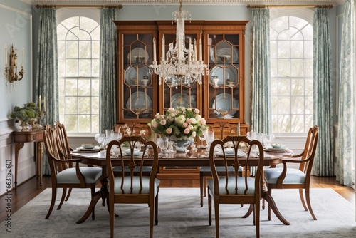 Plan a traditional, elegant dining room with formal furniture and vintage accents