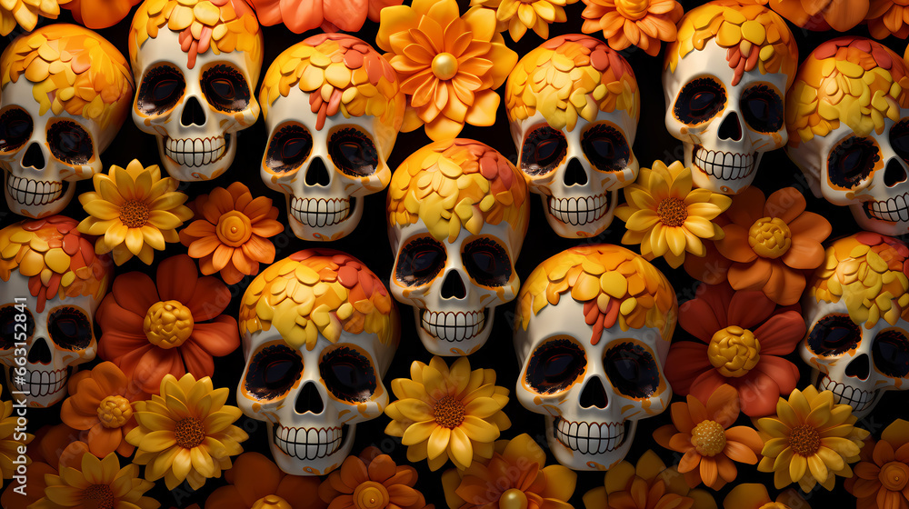 A vibrant Día de los Muertos celebration scene with intricately designed sugar skulls nestled among marigold petals, 3D rendered digital illustration A vibrant Día de los Muertos celebration scene with intricately designed sugar skulls nestled among marigold petals, 3D rendered digital illustration