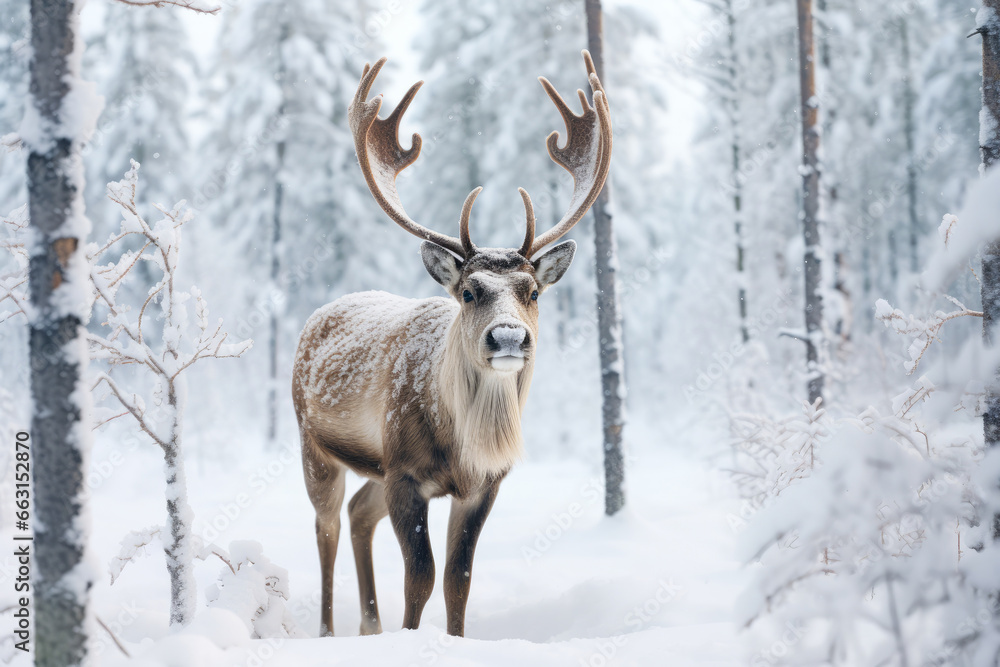 Horned reindeer in snowy Lapland, Finland. White Christmas travels at winter to Arctic. - obrazy, fototapety, plakaty 
