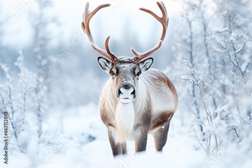 Horned reindeer in snowy Lapland, Finland. White Christmas travels at winter to Arctic. © Clàudia Ayuso