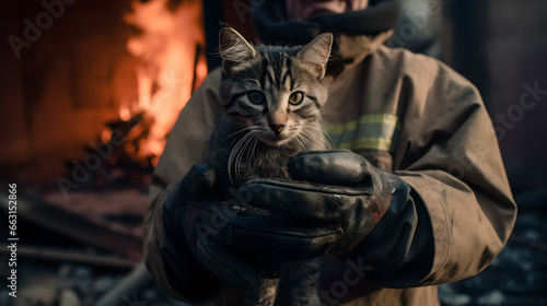 Portrait of fireman in protective suit and red helmet holds saved cat from burning house. Concept heroic emergency service firefighter in fire fighting operation