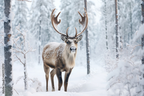 Horned reindeer in snowy Lapland, Finland. White Christmas travels at winter to Arctic. photo