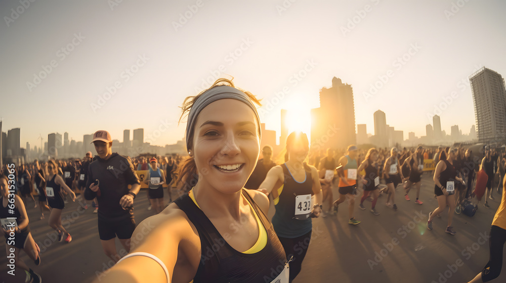 Selfie photo of sporty happy smile young woman are running marathon down street against backdrop of setting sun - obrazy, fototapety, plakaty 