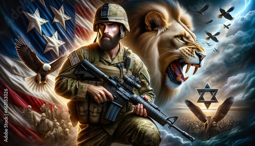 Generative AI image of an Israeli soldier and a lion over a flag of Israel and USA as a background