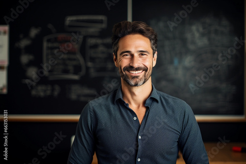 Portrait of college math teacher professor standing in classroom against a chalkboard photo