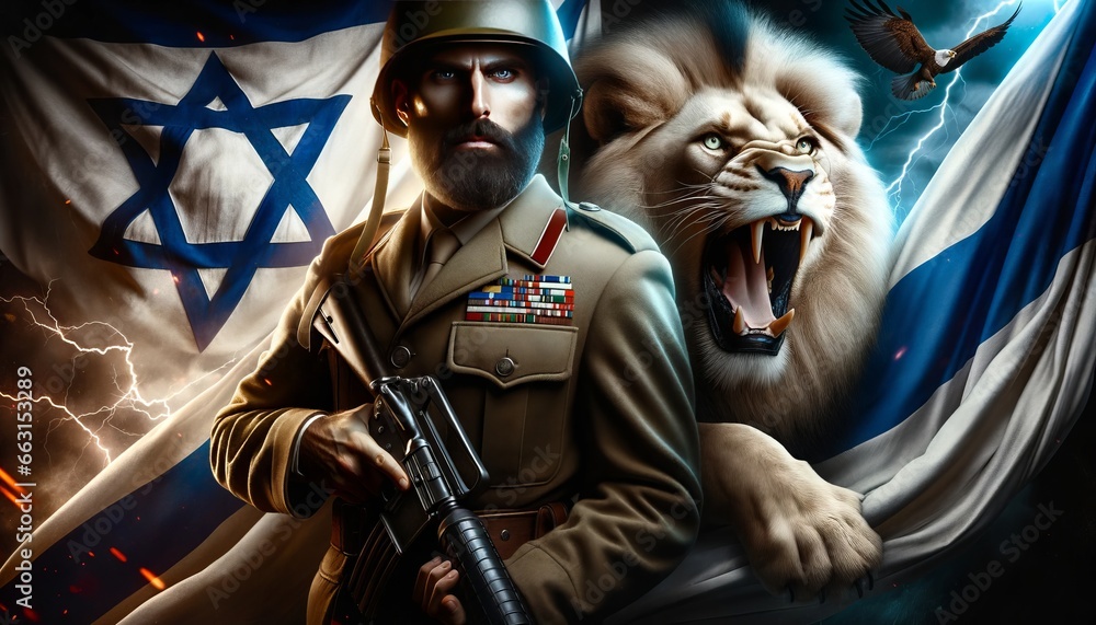 Generative AI image of an Israeli soldier and a lion over a  flag of Israel as a background