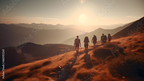 Group tourists of hiker sporty people walks in mountains at sunset with backpacks. Concept banner adventure with copy space