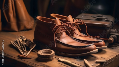 Banner workplace for Craftsman make shoe from grain leather. Shoemaker performs shoes in studio craft