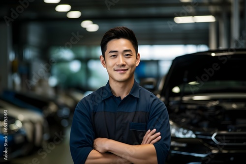 Confident smiling Korean or Japanese asian male car repairman in a garage background, professional auto mechanic photography, Horizontal format 3:2