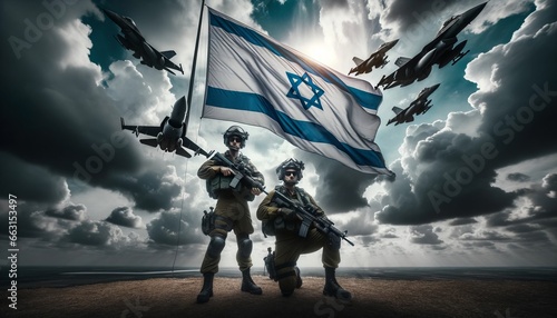 Generative AI image of an Israeli pilot in the AirForce  over jet fighters and the flag of Israel as a background
