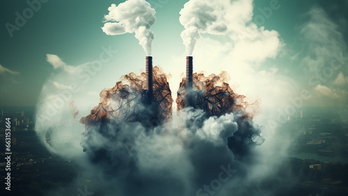 carbon footprint, smoke pollution of the atmosphere, pipes with smoke in the shape of human lungs, air pollution, eco concept fictional design poster #663153664