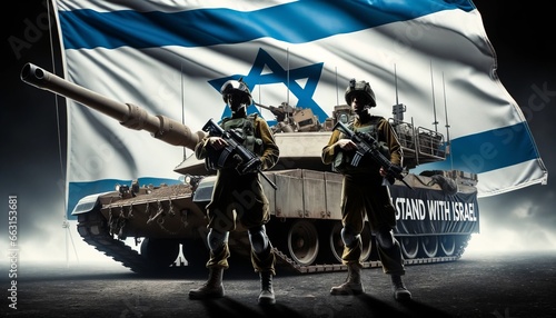 Generative AI image of an Israeli soldier over a flag of Israel and tanks as a background