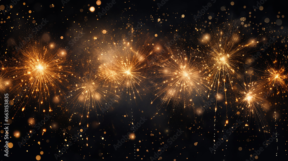 Naklejka premium golden bokeh with fireworks flashes on a black festive background, isolated night