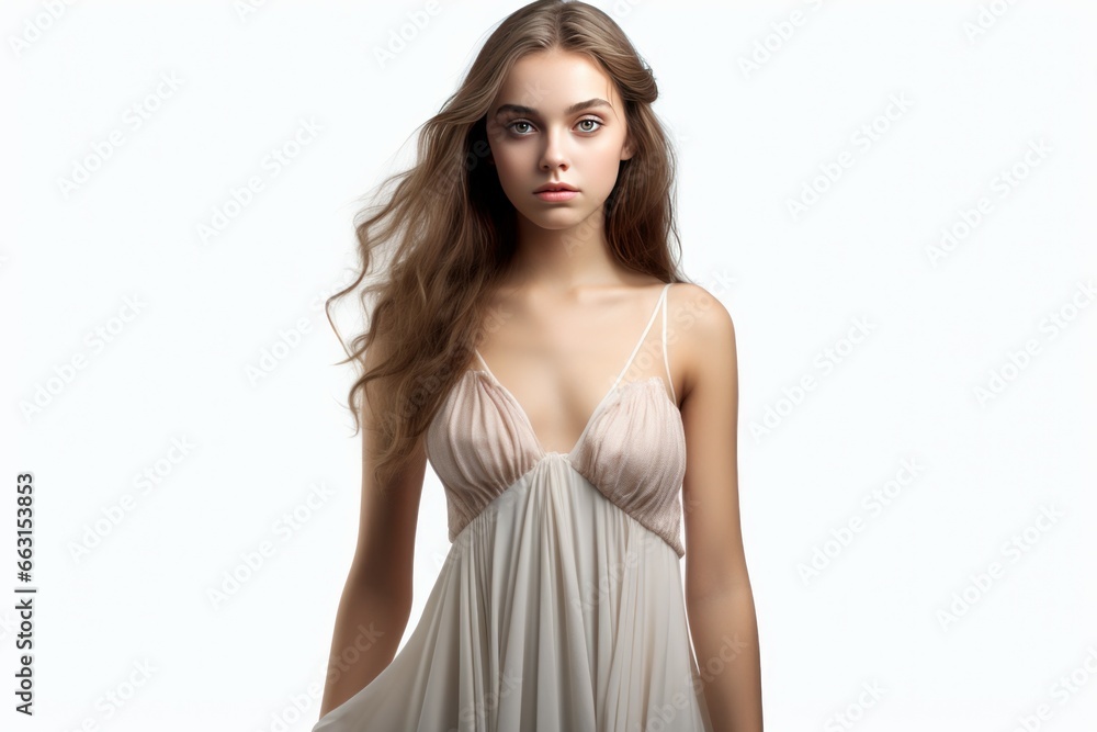 Beautiful young girl in transparent dress isolated on white background. Female fashion child with long hair. Generate Ai Beautiful young girl in transparent dress isolated on white background. Female fashion child with long hair. Generate Ai