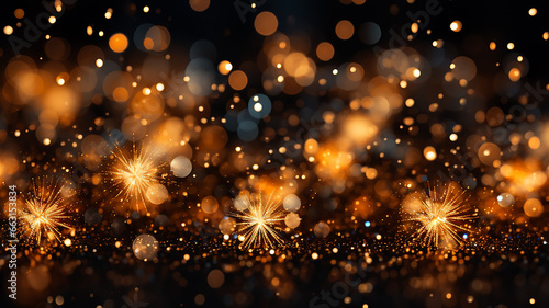 golden bokeh with fireworks flashes on a black festive background, isolated night