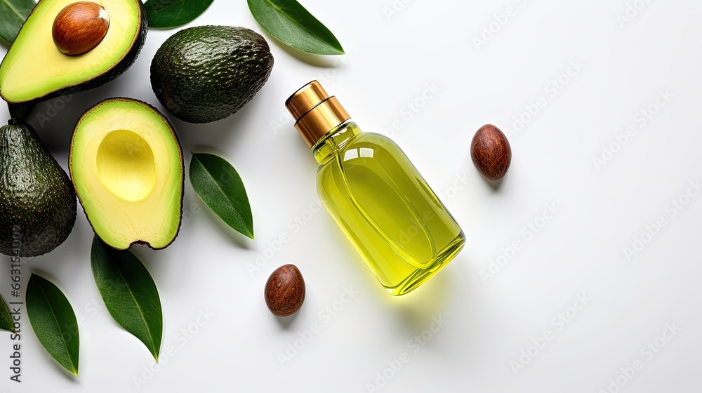 Avocado oil natural skin care & hair treatment. Green organic ingredients & essential oil cosmetic bottle, top view white table. - obrazy, fototapety, plakaty 