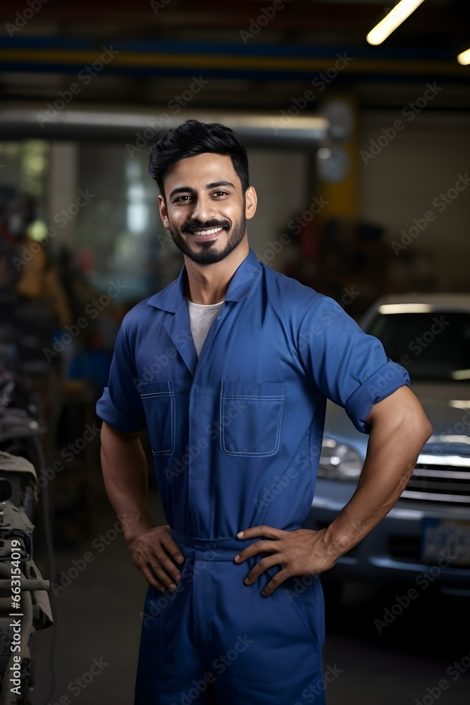 Smiling confident Indian man car mechanic in uniform in a garage background, professional automobile assistance photography, Vertical format 2:3 Smiling confident Indian man car mechanic in uniform in a garage background, professional automobile assistance photography, Vertical format 2:3