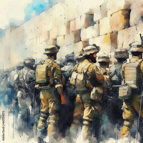Generative AI image of Israeli soldiers in the western wall in Jerusalem  © Eitan Baron