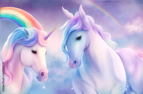 Pastel fantasy sky with bokeh and stars. Magic holographic galaxy, cute watercolor unicorns and rainbow elements