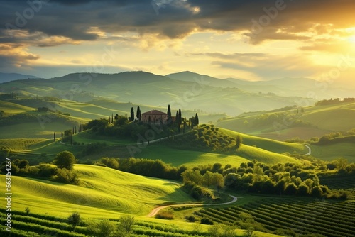 Sunrise view of Tuscany landscape with lush green hills. Generative AI