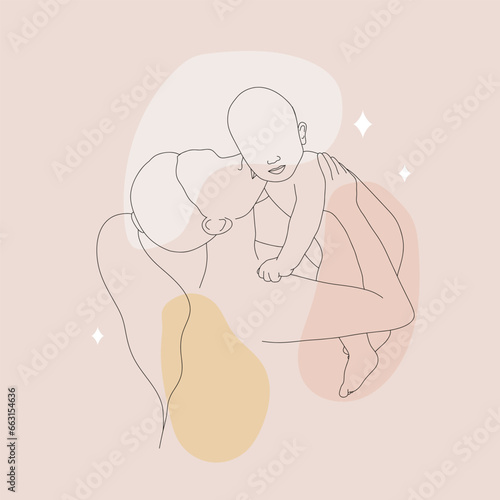 Happy mom with her newborn baby. One line art. Minimalistic vector illustration on colored spots. Mother and child in linear style.