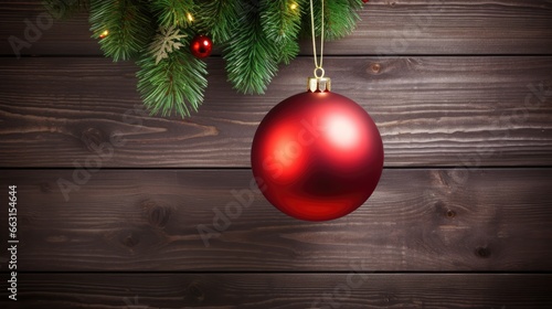 Red Christmas ball suspended on a green spruce twig old wooden background.