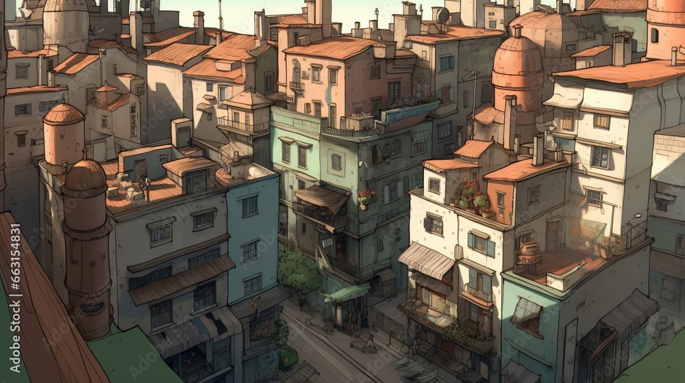 Fototapeta premium Illustration of old town, urban cityscape, rooftops. View from above.