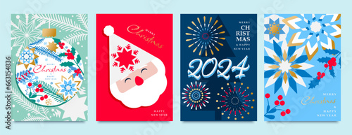 Happy Christmas, Happy New Year. A set of postcards with festive decor. Christmas trees, stars, Santa Klaus, Christmas ornament.