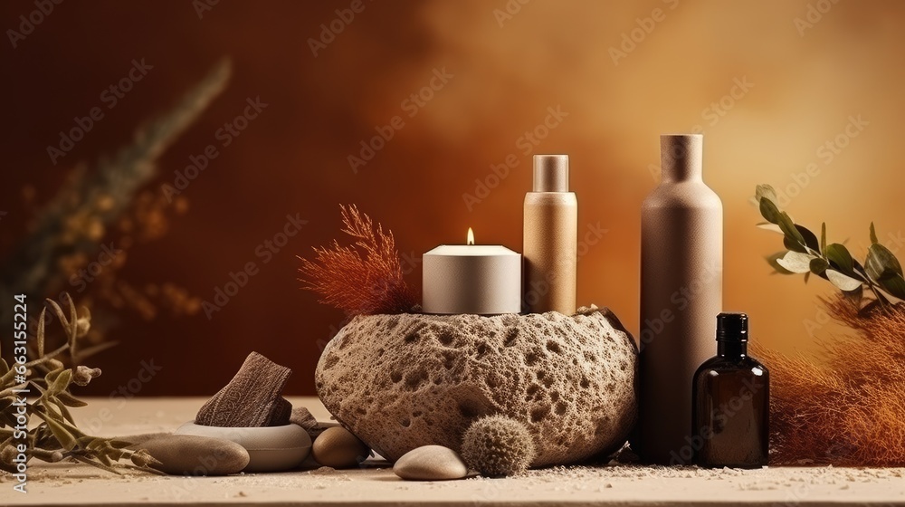 Natural cosmetics product background, banner. Serum or oil and cosmetic skin care, zero waste, eco friendly bathroom and spa accessories, volcanic aromatherapy stone and herbs. Earth tones decor
