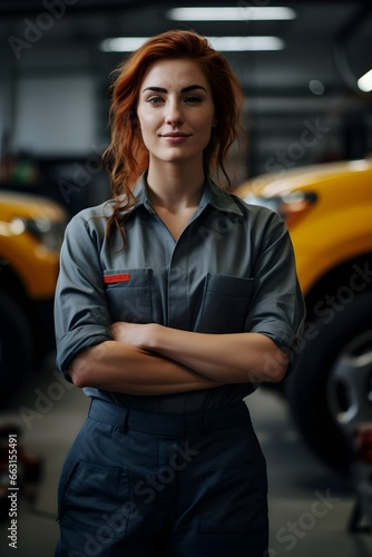 Confident young caucasian redhead woman car mechanic wearing a uniform in a garage background, professional automobile assistance photography, Vertical format 2:3 © Clearmind