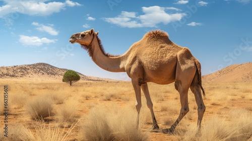 Dromedary or Arabian camel, Camelus dromedarius, even-toed ungulate with one hump on back. Camel in the long golden grass in Shaumary Reserve, Jordan, Arabia. Summer day in wild nature. photo