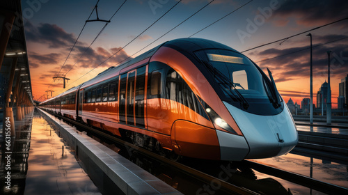 High speed red train with motion blur effect on the railway station at sunset. Landscape. Modern intercity passenger train in motion on the railway platform at dusk. Commuter vehicle on railroad