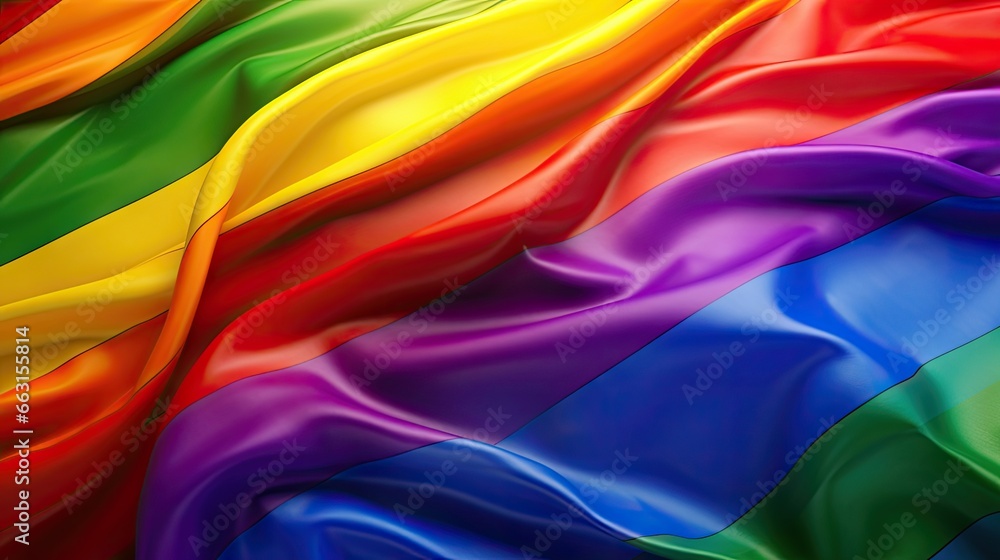 All for Love and Love for all Pride rainbow flag closeup view background for LGBTQIA+ Pride month, sexuality freedom, love diversity celebration and the fight for human rights in 3D illustration