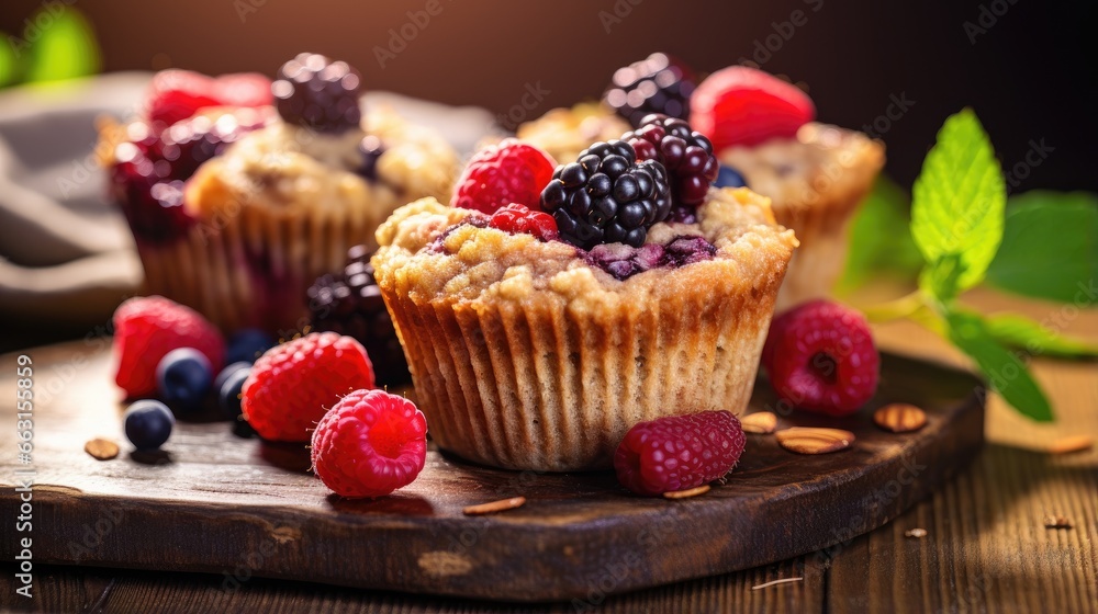 Vegan Gluten-free Oatmeal Banana Muffins with Mixed Berries. Healthy Dessert, Pastry. Selective Focus, toning.