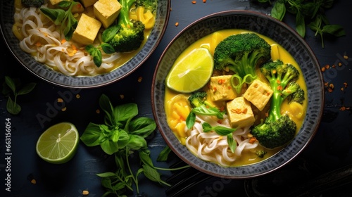 Vegan curry laksa with rice noodles, broccoli and tofu in blue bowls, gray background, top view.