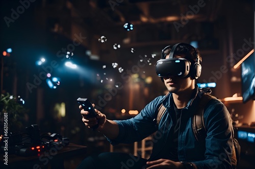A person wearing a VR headset and controllers, fully immersed in a virtual gaming environment.