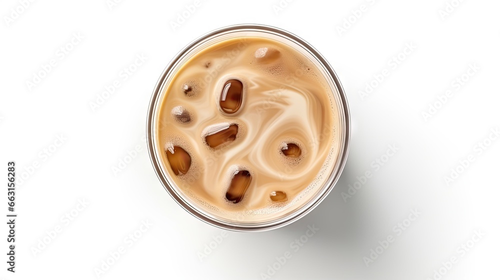 Cup of Ice latte coffee, milk tea top view on white background and clipping paths Cup of Ice latte coffee, milk tea top view on white background and clipping paths